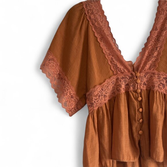 Rebellion Again Lace Trim Peplum Top Rust & Blush Lace Boho Romantic Blouse S - Picture 3 of 8